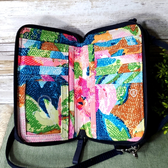 2/$20 Vera Bradley Navy and Red Embroidered Floral Wallet Crossbody Bag - Picture 7 of 12